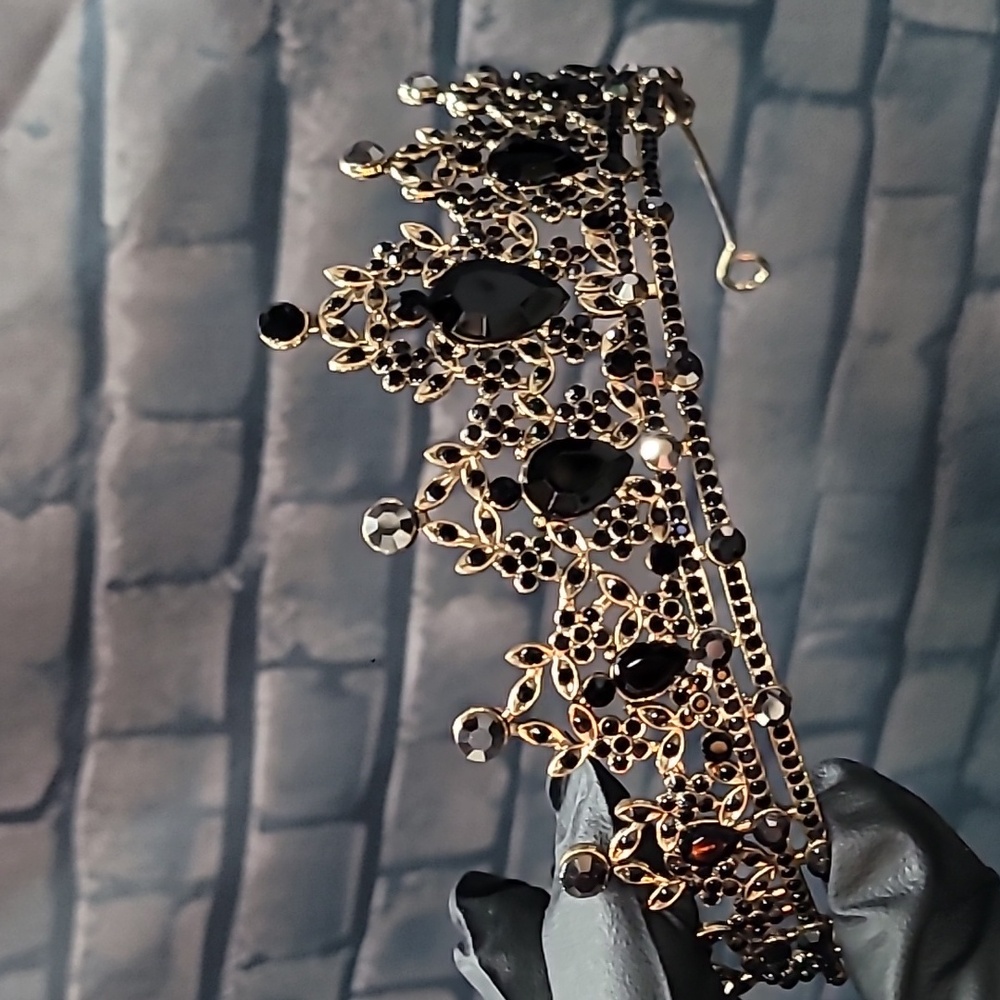 Elegant Metal Gold Tiara with Gun Metal & Black Rhinestone Accents